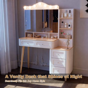 Modern Solid Oak Wood <b>Vanity</b> Desk with Removable Lighted <b>Mirror</b> 2 USB Power Strips 3-Drawer Storage Set for Bedroom - Product Image 2