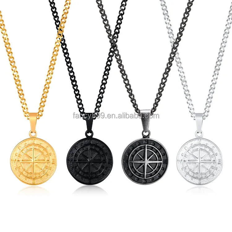 Stainless steel hip hop 18K Gold mens compass pendant jewellery men's necklace with pendant