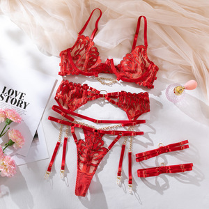 News Red Fire Lace Lingerie <b>Set</b> Floral Metal Chain Halter Garter Hollow Out Bra <b>Set</b> <b>Sexy</b> Women Lingerie Four Piece <b>Set</b> - Product Image 6