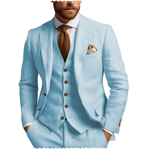 Costumes pour hommes <span class=keywords><strong>bleu</strong></span> <span class=keywords><strong>ciel</strong></span> coupe ajustée ensemble 3 pièces (veste + gilet + pantalon) lin été bal fête Boutique plage mariage smoking <span class=keywords><strong>Blazer</strong></span> - Product Image 1