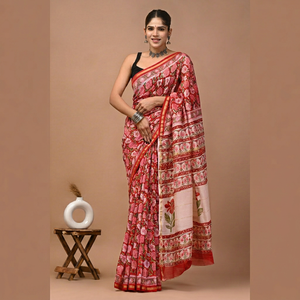 Sari en soie Chanderi pure imprimé à la main avec pièce de blouse – Sari élégant en soie Chanderi pure – Vêtement ethnique imprimé à la main - Product Image 1