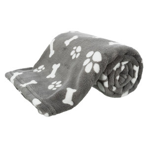Couverture pour animaux de compagnie grise 100x75 cm avec imprimé pattes et os, en polaire douce pour chiens - Product Image 1