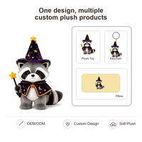 Peluche de raton laveur d'Halloween personnalisée, poupée magique douce avec chapeau de sorcière, cape et baguette magique, faible MOQ, support OEM ODM