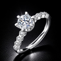 Bague de fiançailles en argent sterling S925 avec moissanite certifiée GRA, moissanite ronde, bande pavée hexagonale, réglable, bague de promesse pour femme