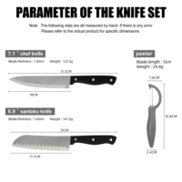 Ensemble de couteaux de table : Chef + Santoku + Éplucheur. Bord tranchant antirouille, poignée en PP. Idéal pour la cuisine quotidienne à la maison, du hachage au pelage