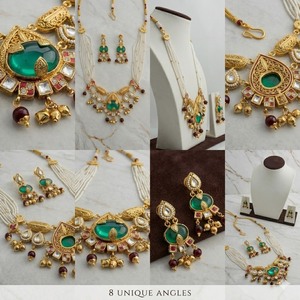 Ensemble de collier en perles Kundan fait main avec pierre vert émeraude, boucles d'oreilles traditionnelles indiennes pour mariée, bijoux pour femmes - Product Image 6