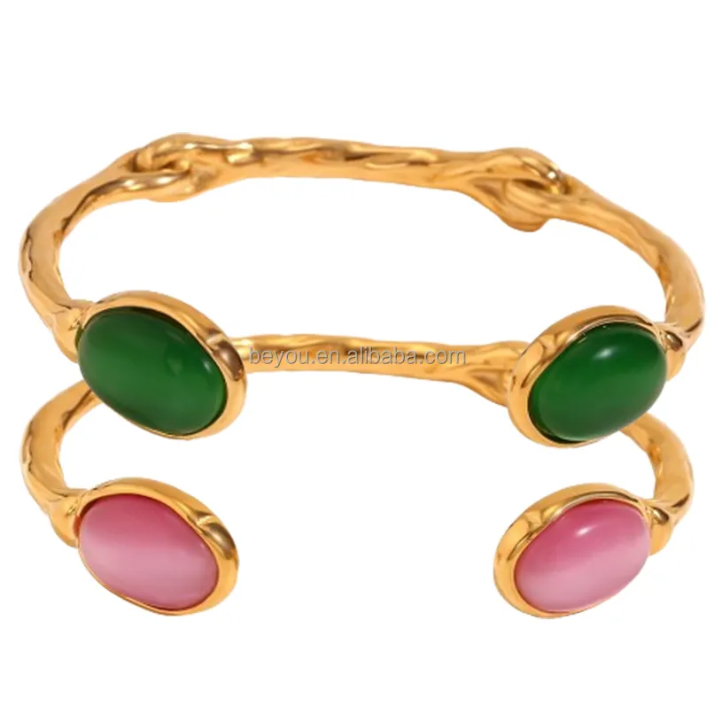 Gelang batu akik hijau kristal merah muda giok Bilateral Oval 18K berlapis emas baja tahan karat gelang manset untuk perhiasan wanita