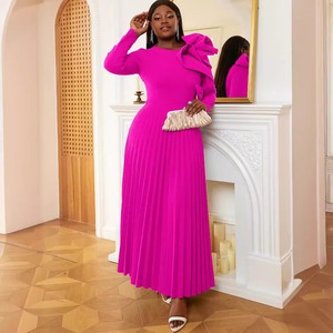 AM030116 <span class=keywords><strong>Robe</strong></span> de soirée élégante au design tendance, couleur unie, col rond, manches longues, décoration 3D, robes plissées pour femmes, soirée - Product Image 3