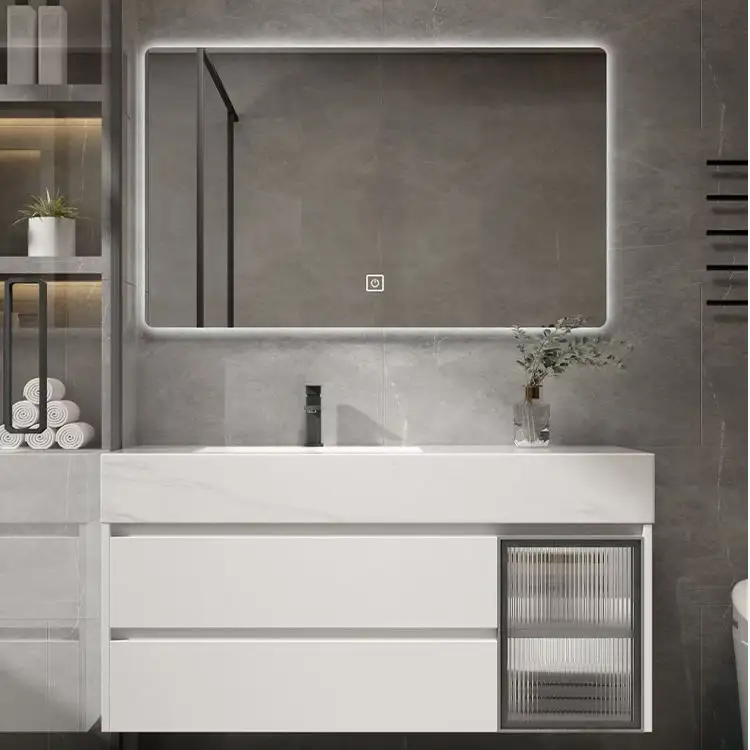 Modern banyo mobilyaları banyo depolama dolabı kuvars taş gümüş ışık ayna ile banyo Vanity