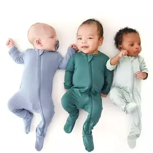 Bambu bebek uzun kollu tulum toptan yenidoğan çocuk tulum pijama ile fermuar ve eldiven kauçuk set giyim