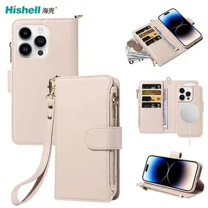 PU Leather Cell Mobile Phone Covers Zipper Pocket Detachable Magnetic Wallet Stand Case With Hand Strap For iPhone 15 Pro Max