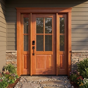 Porte d'entrée en bois massif American Craftsman avec 4 panneaux vitrés, 2 panneaux latéraux vitrés et serrure intelligente - Product Image 5