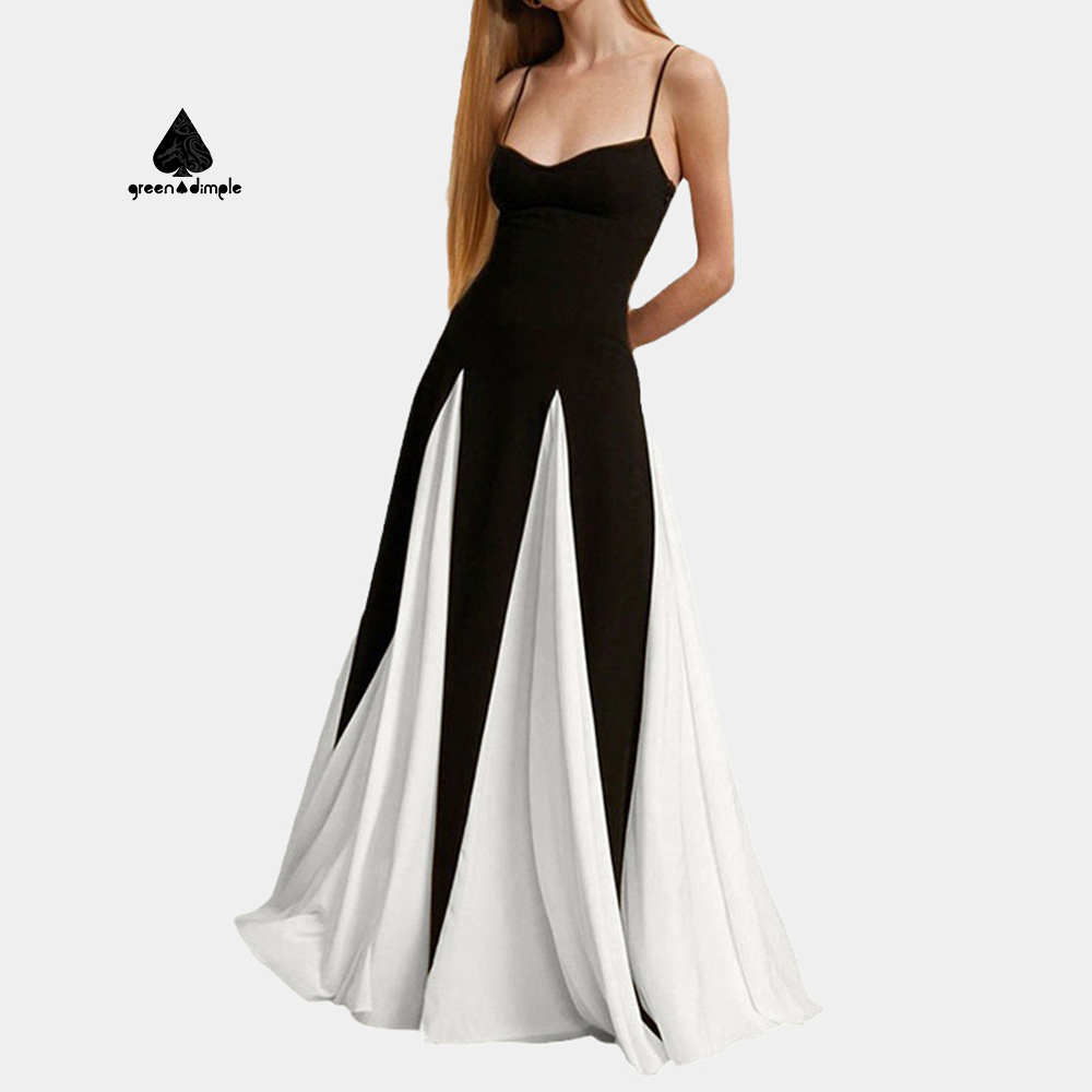 Women Black White Contrast Maxi Dress Spaghetti Strap Sweetheart Neck Flowy  Skirt Satin Casual Fashion Pleated Dress| Alibaba.com