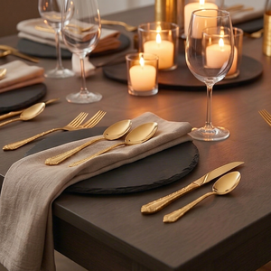 Ensemble de couverts élégants en or, finition miroir, compatibles lave-vaisselle, pour les tables de mariage - Product Image 1
