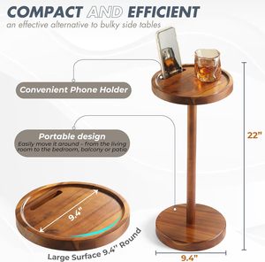 Pedestal Side <strong>Table</strong>, Acacia <strong>Drink</strong> <strong>Table</strong> with Weighted Base, <strong>Small</strong> Round Side <strong>Table</strong> for <strong>Small</strong> Spaces with Phone Holder - Product Image 6