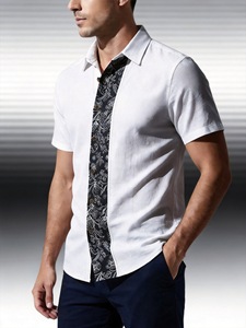 Men's Contrast Panel Short Sleeve Button Up <b>Shirt</b> Casual Business Polo Collar Summer Top - Product Image 2