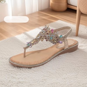 Sandalias Planas para Mujer, Verano, Punta Abierta, Decoradas con Pedrería, Cierre de Correa, Tendencia de Moda, Forro de PU Acolchado, Suela de Goma, Venta al Por Mayor - Product Image 2