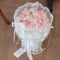 Emballage de bouquet de mariée en tulle 1,3x1m, dentelle florale brodée, maille à bord festonné, filet d'emballage pour fleurs de mariage