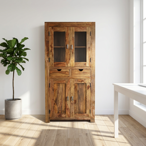 Armario moderno de madera maciza de Sheesham y vidrio, hecho a mano, con 4 puertas y 2 cajones, para sala de estar, hotel o casa de campo. - Product Image 1