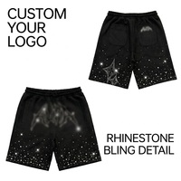 Shorts en molleton pour hommes, personnalisables avec logo de marque OEM, strass et diamants thermocollés, style streetwear décontracté, effet bling-bling, vente en gros