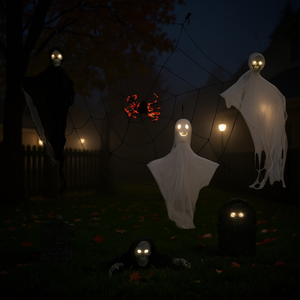 Juego de 8 piezas de decoraciones de Halloween para exteriores, fantasmas voladores aterradoras con ojos iluminados, telaraña y lápida para jardín, patio y césped. - Product Image 2