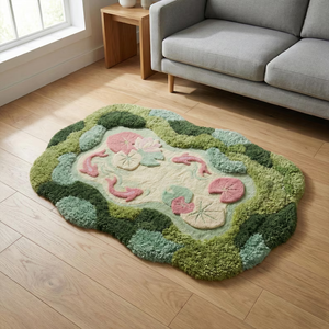 Moss Pink Koi Fish Wool Rug Irregular Hand Tufted Pond Inspired Area Carpet Custom Decorative <b>Floor</b> <b>Mat</b> <b>for</b> Bedroom Living Room - Product Image 3