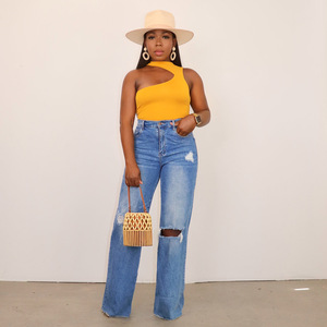 Los últimos pantalones vaqueros informales holgados de cintura alta para mujer, Pantalones vaqueros de pierna recta lavados de talla grande para niñas, <span class=keywords><strong>suavizante</strong></span> sólido rasgado de cintura media - Product Image 3