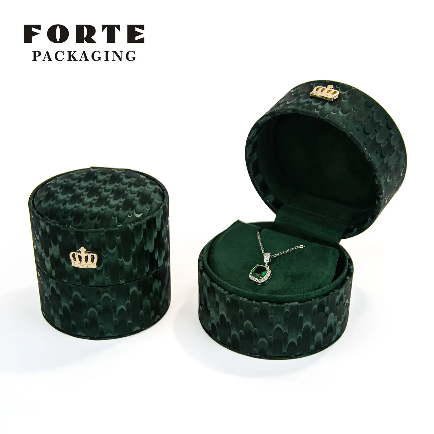 Forte Custom Logo Jewelry Packaging Box Green Pendent Bangle Ring Box Elegant Luxury Queen Crown Box