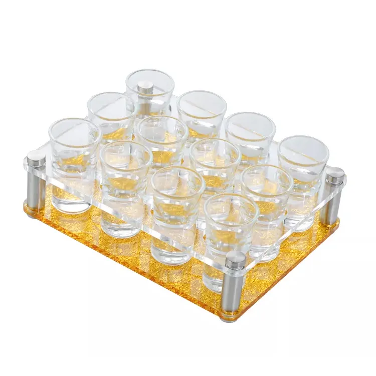 Glitter Glossy Spirits Glasses Shot Tray vassoio per bicchieri da vino in acrilico spesso su misura con distanziatori in oro rosa