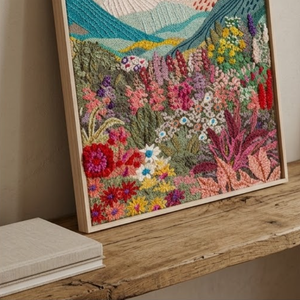 RESIN FRAME-<b>PINK</b>- Modern Textured Landscape Embroidery Art - Floral & Mountain Needlework - Framed <b>Home</b> <b>Decor</b> (21 CM X 21 CM) - Product Image 4