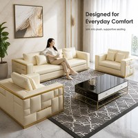Modernes PU-Leder Sofa-Set Wohnzimmer 3-Sitzer 2 Sessel Goldener Metallrahmen Quadratisch Gesteppt Hotel-Lobby-Möbel