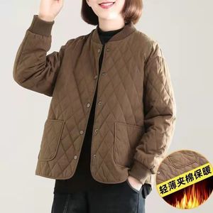 Women's <b>Quilted</b> Cotton Padded <b>Jacket</b> Loose Fit Crew Neck Single Button Winter Warm Coat Full Sleeve Diamond <b>Pattern</b> - Product Image 1