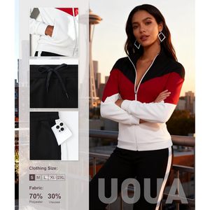 ชุดวอร์มผู้หญิงแบบกำหนดเอง 2 ชิ้น เสื้อแจ็คเก็ตซิป กางเกงจ็อกเกอร์ ผ้าสแปนเด็กซ์โพลีเอสเตอร์เนื้อหนาปานกลาง ระบายอากาศได้ดี ชุดลำลองสำหรับออกกำลังกาย - Product Image 6