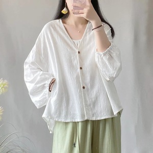 <b>Women</b> Cotton <b>Linen</b> <b>Cardigan</b> Long Sleeve V Neck Loose Plus Size Spring Summer Breathable Top Khaki White Dark Green - Product Image 3