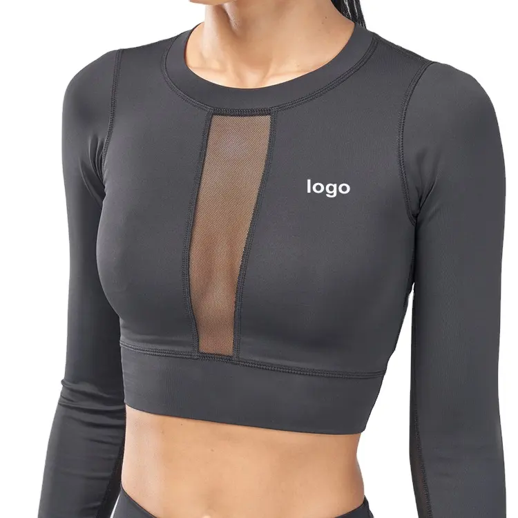 OEM Factory High Quality Plain Long Sleeve Tops Mesh Panel Crop Fitness Gym T Shirts For Women