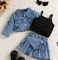 Ensemble de vêtements en denim tendance, 3 pièces, tenue rose avec nœud, veste, jupe et haut, Conjunto De Ropa Denim