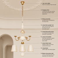 Lustre vintage en laiton finition vieillie, 3 lumières, abat-jour en tissu, luminaire suspendu pour salon