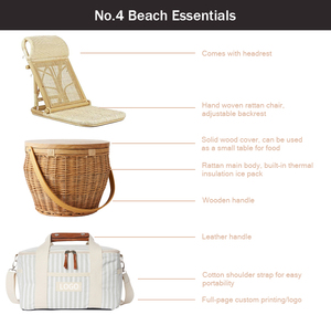 2023 tendance chaude plage loisirs pare-soleil ensemble en bois plage glands parapluie rotin chaise et panier de pique-nique