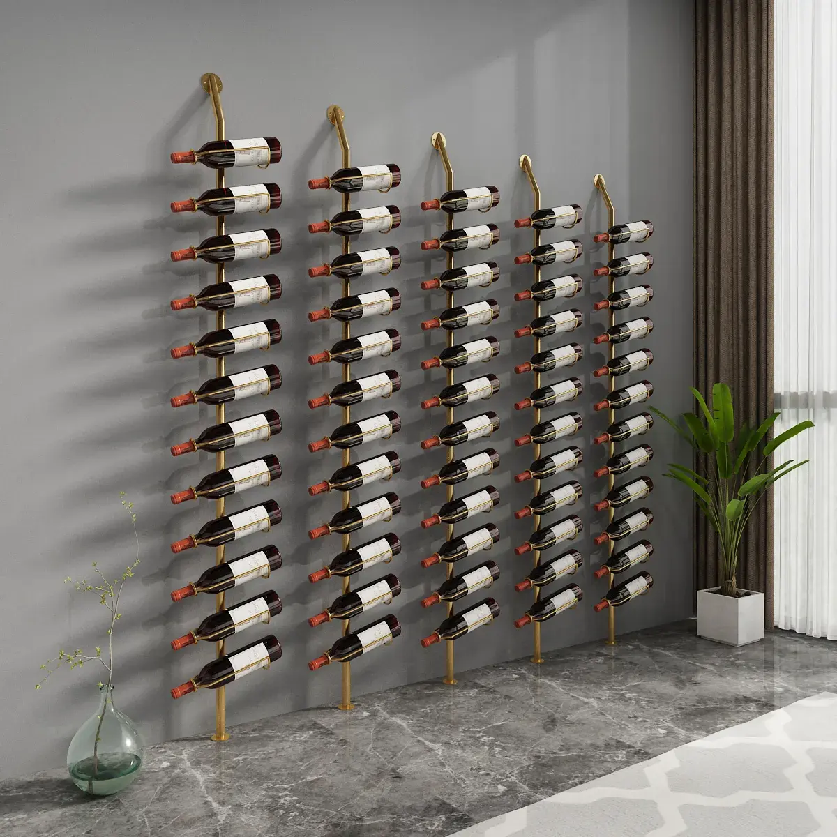 Coluna de parede de metal para vinho, suporte de estilo simples e moderno, para adega de vinho com acessórios de aço inoxidável/acrílico/madeira, design minimalista