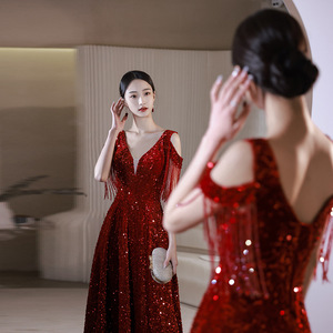 Vestido de Noche Elegante con Lentejuelas para Mujer, Color Vino Tinto, para Boda, Compromiso, Otoño, Talla Grande - Product Image 1