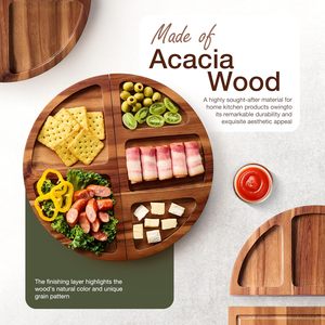 Grande planche en bois d'acacia avec un ensemble <span class=keywords><strong>de</strong></span> 4 couteaux, <span class=keywords><strong>plateau</strong></span> rond en bois magnétique en 3 parties pour servir le fromage, la nourriture, les en-cas - Product Image 4