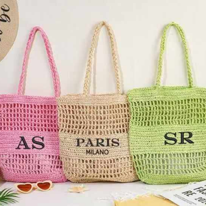 Bolsos de playa de paja de 14 pulgadas hechos a mano Beige <span class=keywords><strong>Pinky</strong></span> Blue bolso de hombro de <span class=keywords><strong>mujer</strong></span> bolso de mano de malla tejida plegable con asa - Product Image 1