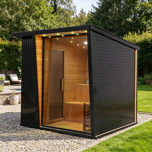 Sauna de vapor húmedo para 4 personas con vestuario, de madera, para exteriores, con estufa Harvia, en stock en almacén canadiense - Product Image 2