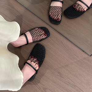 New Summer Women's European American-Style Fishnet-Weave Openwork Roman Sandals Flat Round-Toe Wrap-Around <b>Half</b>-<b>Slip</b>-On - Product Image 3