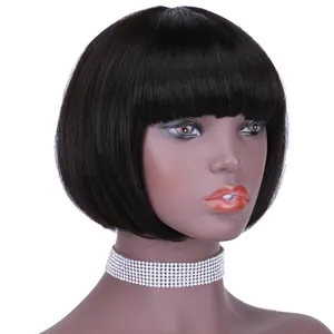 Human Wig Natural Black Cute Sweet Bobo Headgear Short Straight with Neat Bangs 100% Human Hair Wigs Full Lace Wigs
