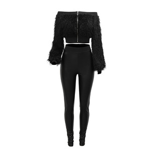 ZHEZHE élégant similicuir costume <span class=keywords><strong>legging</strong></span> et haut court tenues plume hors de l'épaule veste 2 pièces ensemble - Product Image 5