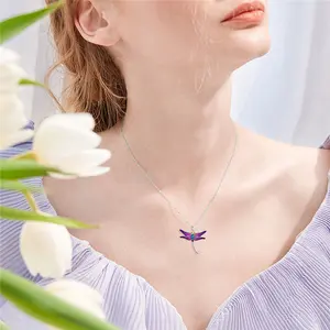 Fashion Trendy 925 Sterling Zilveren Sieraden Crystal Enamel Dragonfly Hanger Ketting Voor Vrouwen