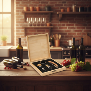 Ensemble d'ouvre-<span class=keywords><strong>bouteille</strong></span> à <span class=keywords><strong>vin</strong></span> moderne en acier inoxydable et bambou avec fonction 3-en-1, boîte en bois étanche pour cadeaux - Product Image 4