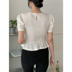 <span class=keywords><strong>Camicia</strong></span> Estiva da <span class=keywords><strong>Donna</strong></span> in Cotone con Maniche Corte a Sbuffo, <span class=keywords><strong>Colletto</strong></span> Fang Ling e Design Arricciato, Disponibile in Stock o su Misura - Product Image 5