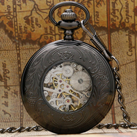 Reloj de Bolsillo Mecánico Manual Único con Cubierta Transparente Negra, Reloj Esqueleto de Cuerda Manual con Cadena para Regalo del Día del Padre